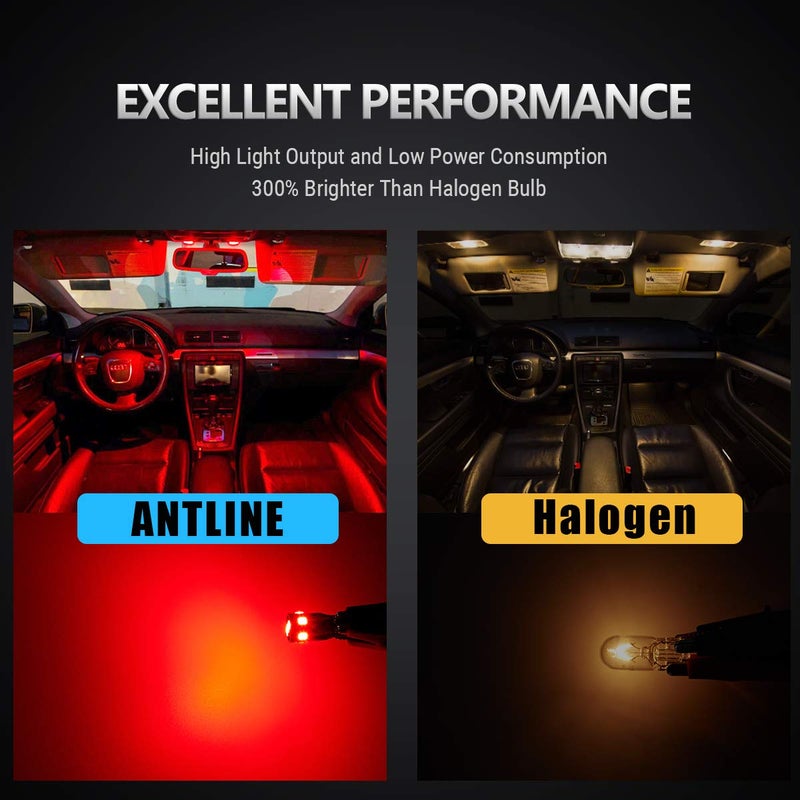 Antline 194 168 2825 W5W T10 LED Bulbs Brilliant Red, Ultra Bright Error Free 9-SMD 2835 Chipsets Replacement for Car Interior Dome Map Door Courtesy License Plate Lights (Pack of 10) - Image 2